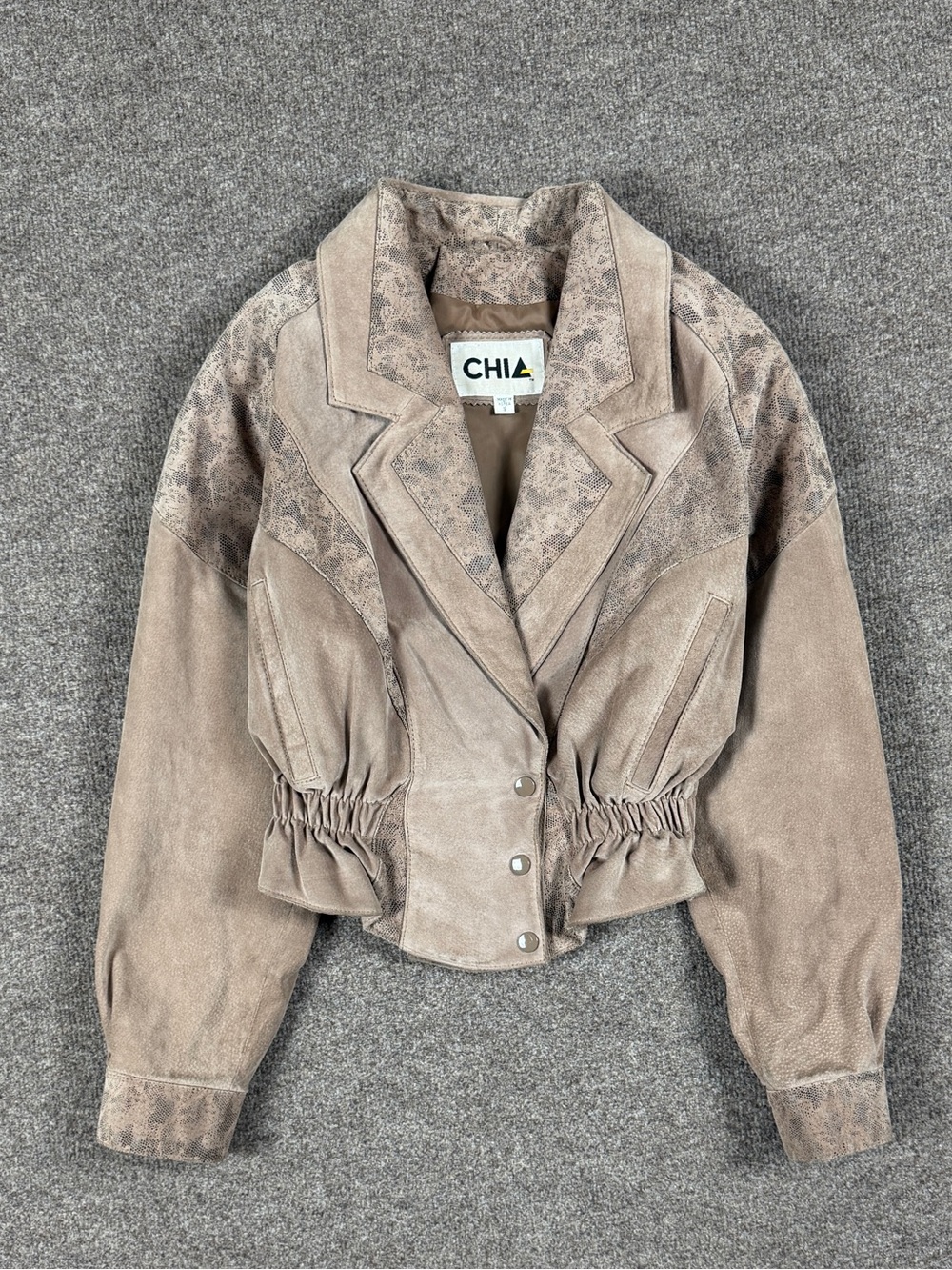 Vintage Chia Taupe Tan Suede Leather Cropped Peplum Bomber Jacket Women’s Small - Picture 2 of 10